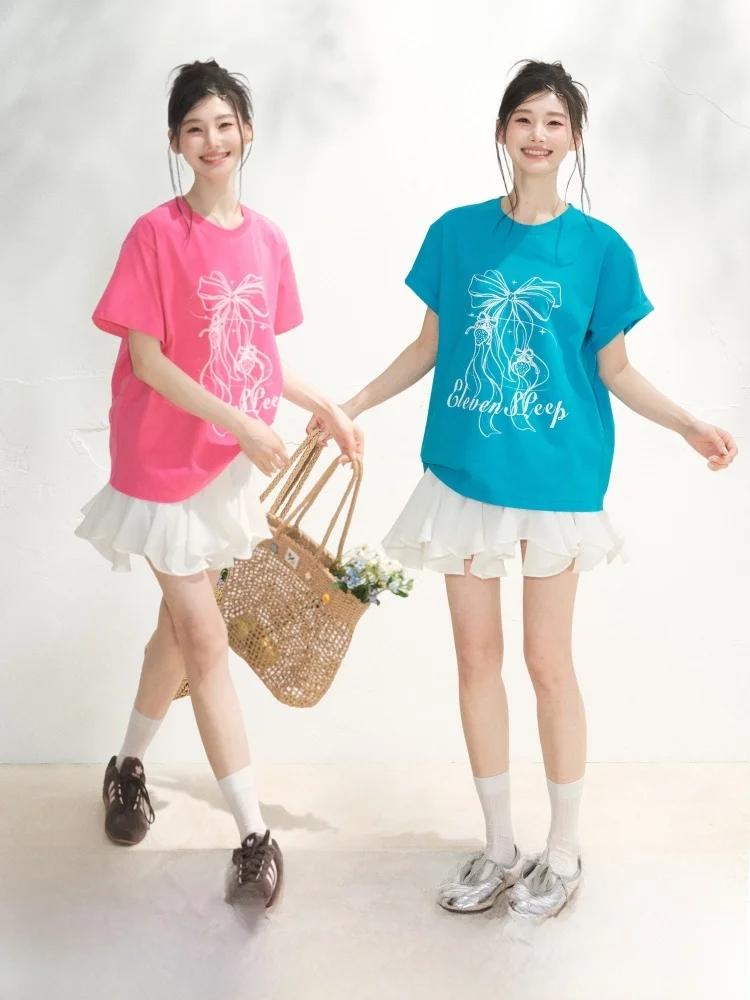 

ELEVEN SP Korean Style Loose Fit Short Sleeve T-Shirt Women's Summer Breathable Lightweight Pink Top for Commuting And Shopping