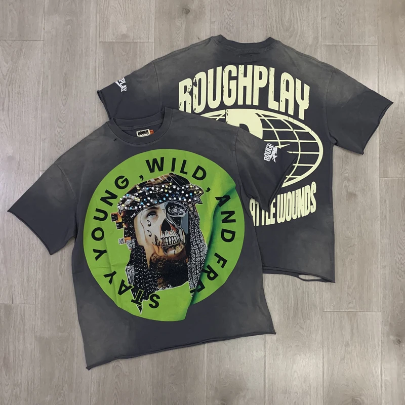 American Retro Roguh Play T-shirt Hot Drill White Ink Direct Print Jesus Piece Pattern High-quality ROUGH PLAY Short Sleeve