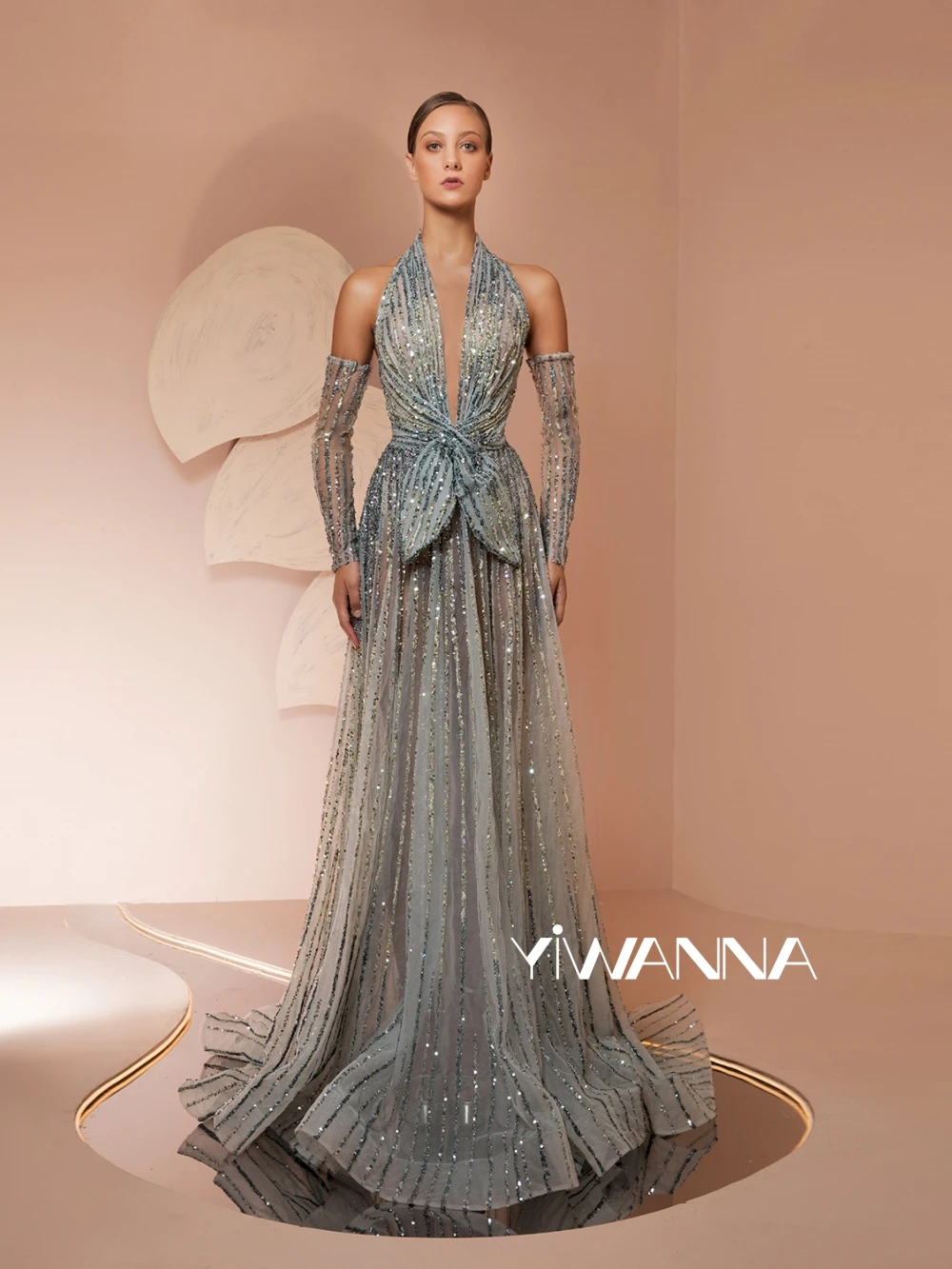 

Detachable Sleeve A-line Long Evening Dress Shiny Sequined Beads Wedding Party Gown 2025 Customized Illusion Halter Prom Gown