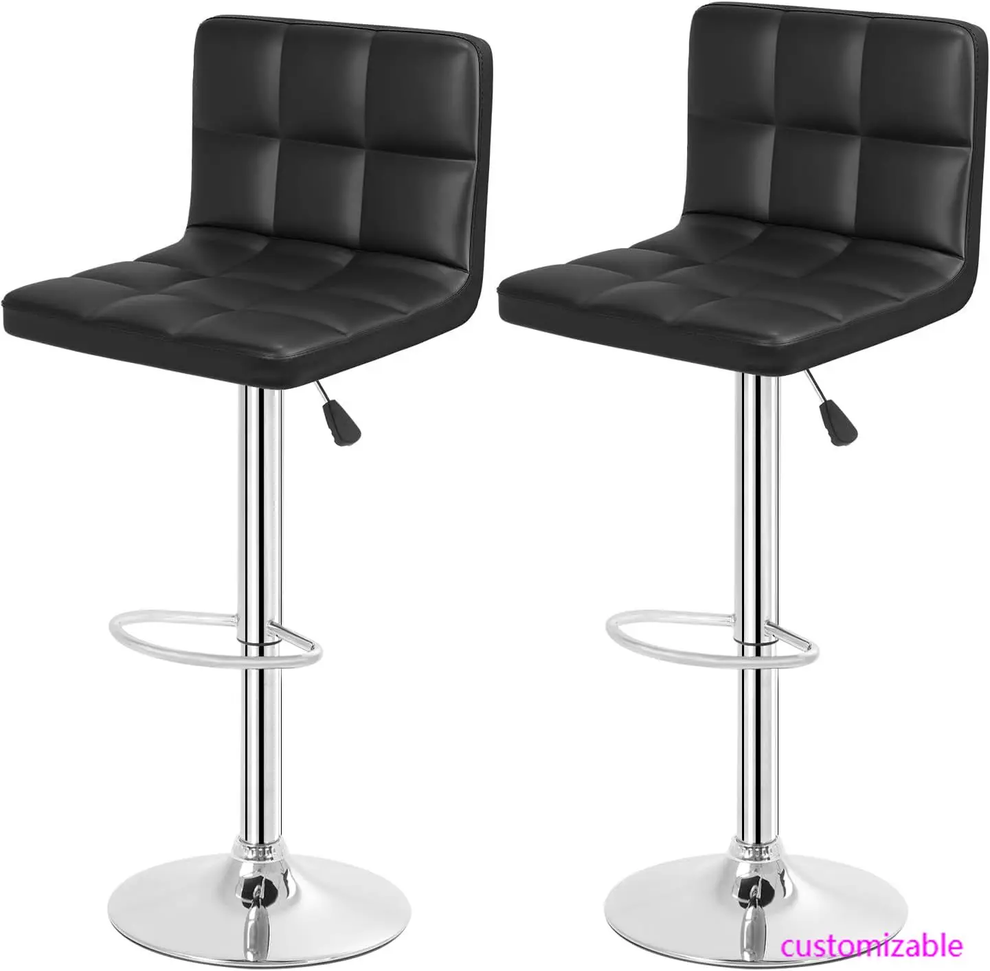 Juego de 2 taburetes de bar, taburetes de bar con altura de mostrador y respaldo de cuero PU, taburete de bar hidráulico sin brazos para cocina (negro)