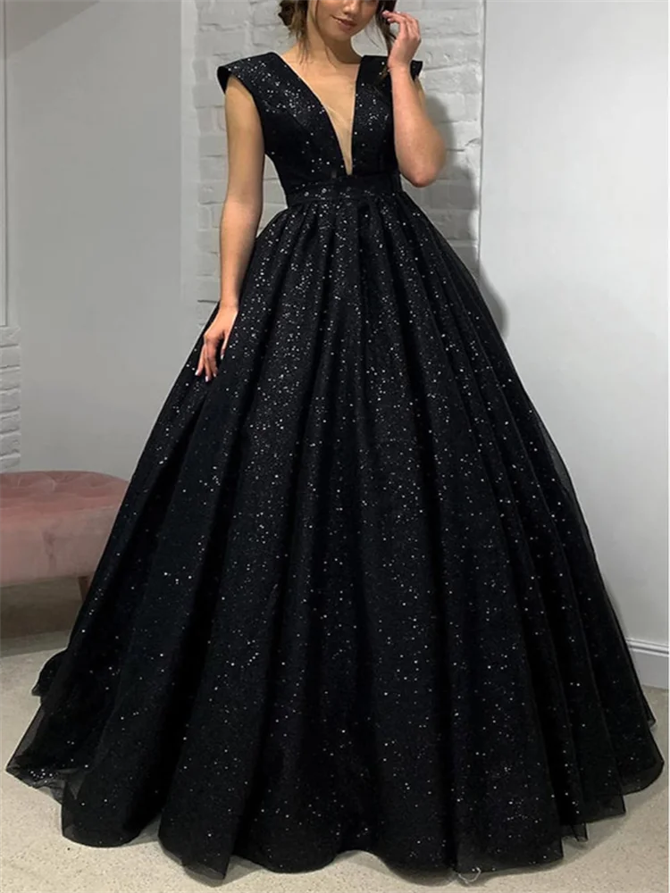 

Ball Gown A-Line Prom Dresses Sparkle & Shine Dress Formal Sweep / Brush Train Sleeveless V Neck Tulle Backless with Pleats 2023