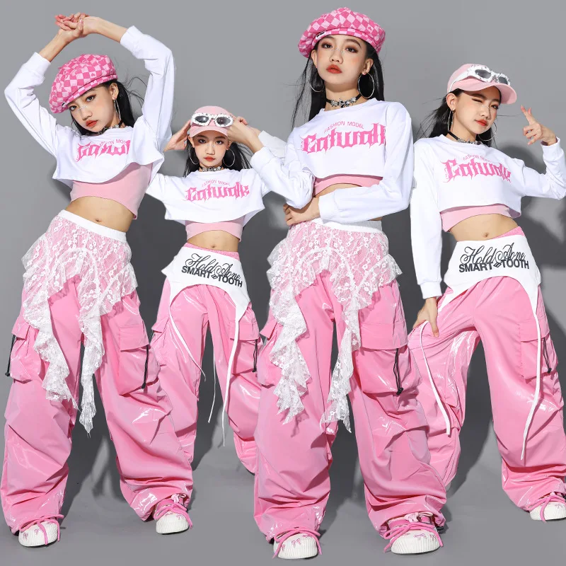 Girls K-pop Pink Crop Top Cargo Pants Children Streetwear Girl Group Costume Kids Hip Hop Street Dance Jazz Teens Clothes Sets