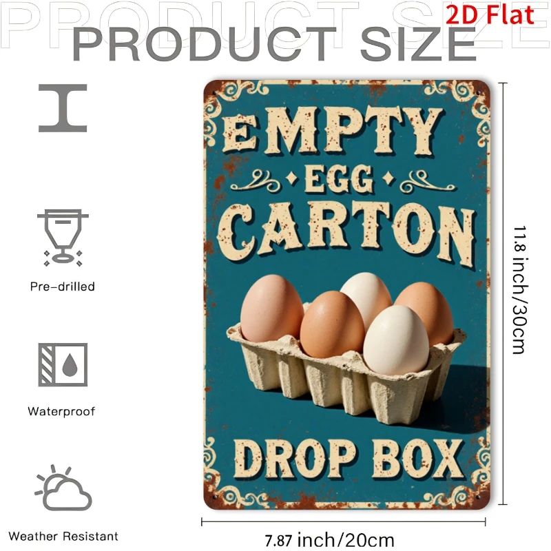 2D Flat, Vintage Metal Egg Carton Delivery Box Sign - 8x12 Inch Rustic Farmhouse Style Iron Wall Art with 