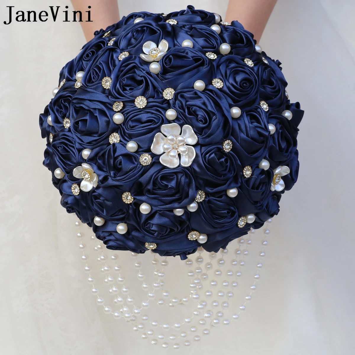 JaneVini Navy Blue Pearl Bouquet for Bride Flower Ribbon Roses Waterfall Crystal Beaded Wedding Bouquets Bridal Ramos Para Novia