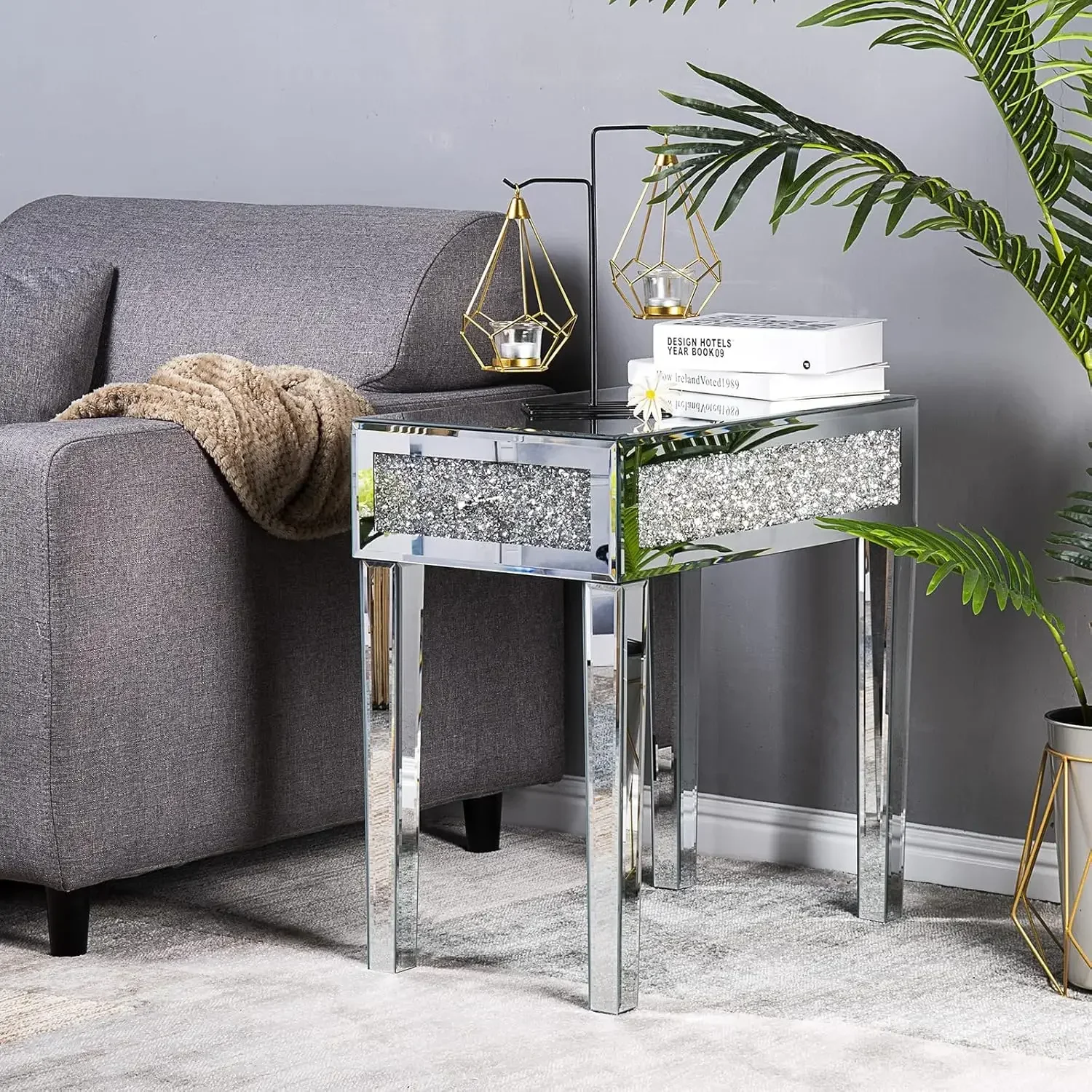 

Mirrored Nightstand set of 2 Narrow Side Table with Drawer Glass Accent Table