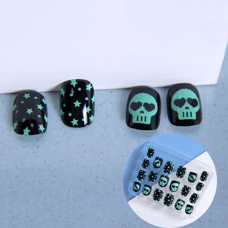 24pcs Easter Halloween Press on Nails Children's Short Armored False Nails Skull Element Luminous Light Fashion Nail Art