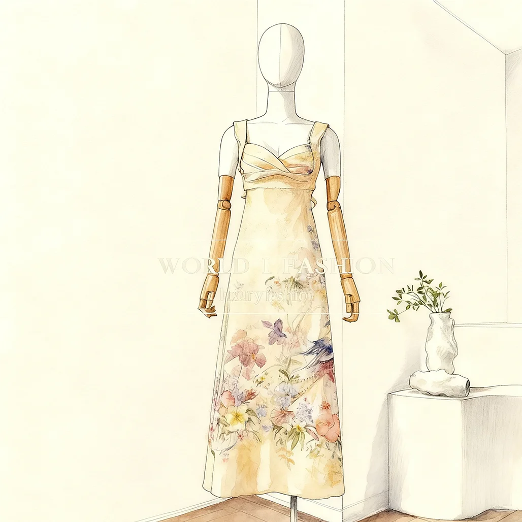 2025 New Fashion Beige Tropical Floral Print Sleeveless Pleat Sweetheart Neck Backless Midi Dress