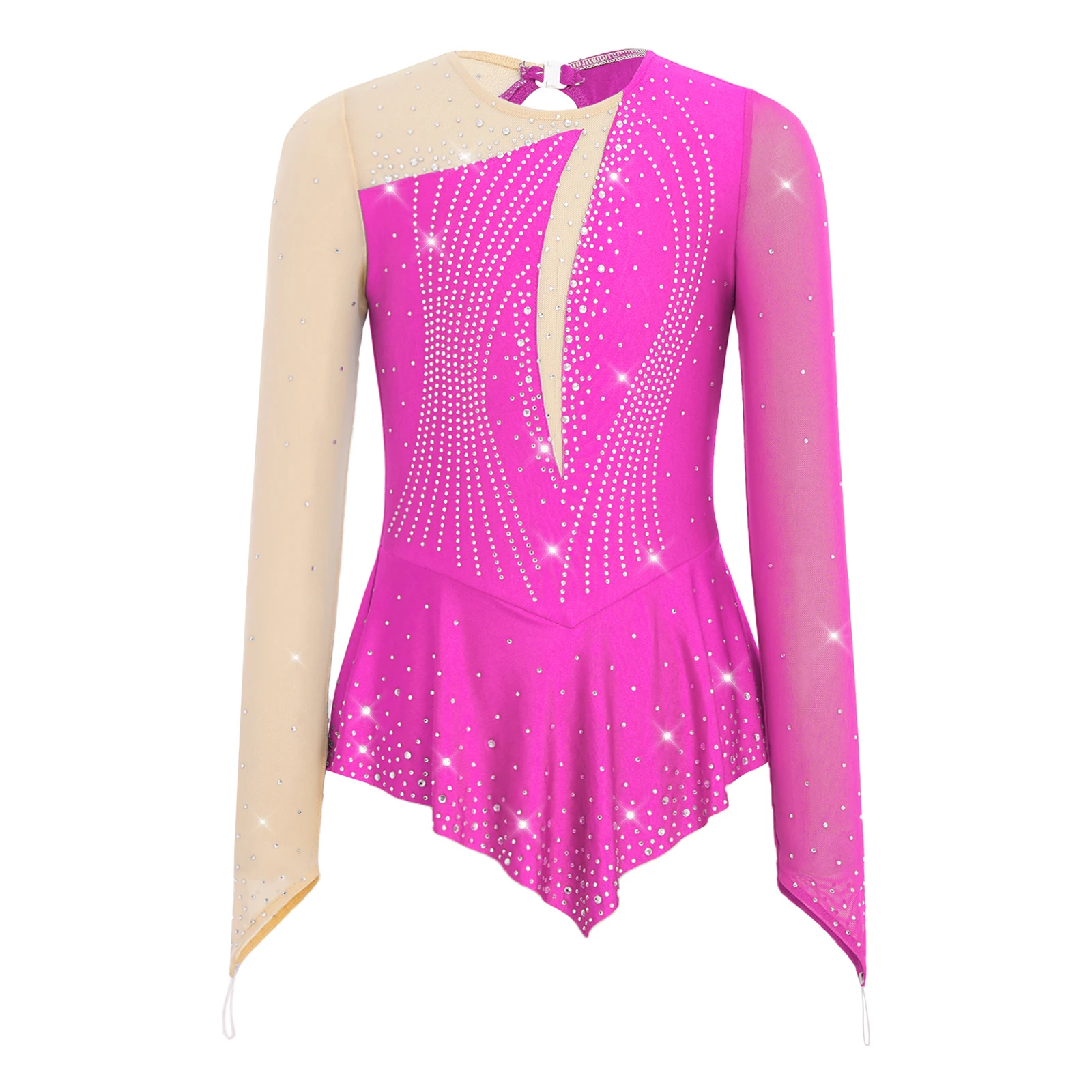 Kids Girls Mesh Long Sleeve Figure Skating Dresses Rhinestones Ballet Gymnastics Dance Leotards Performance Competition Costume