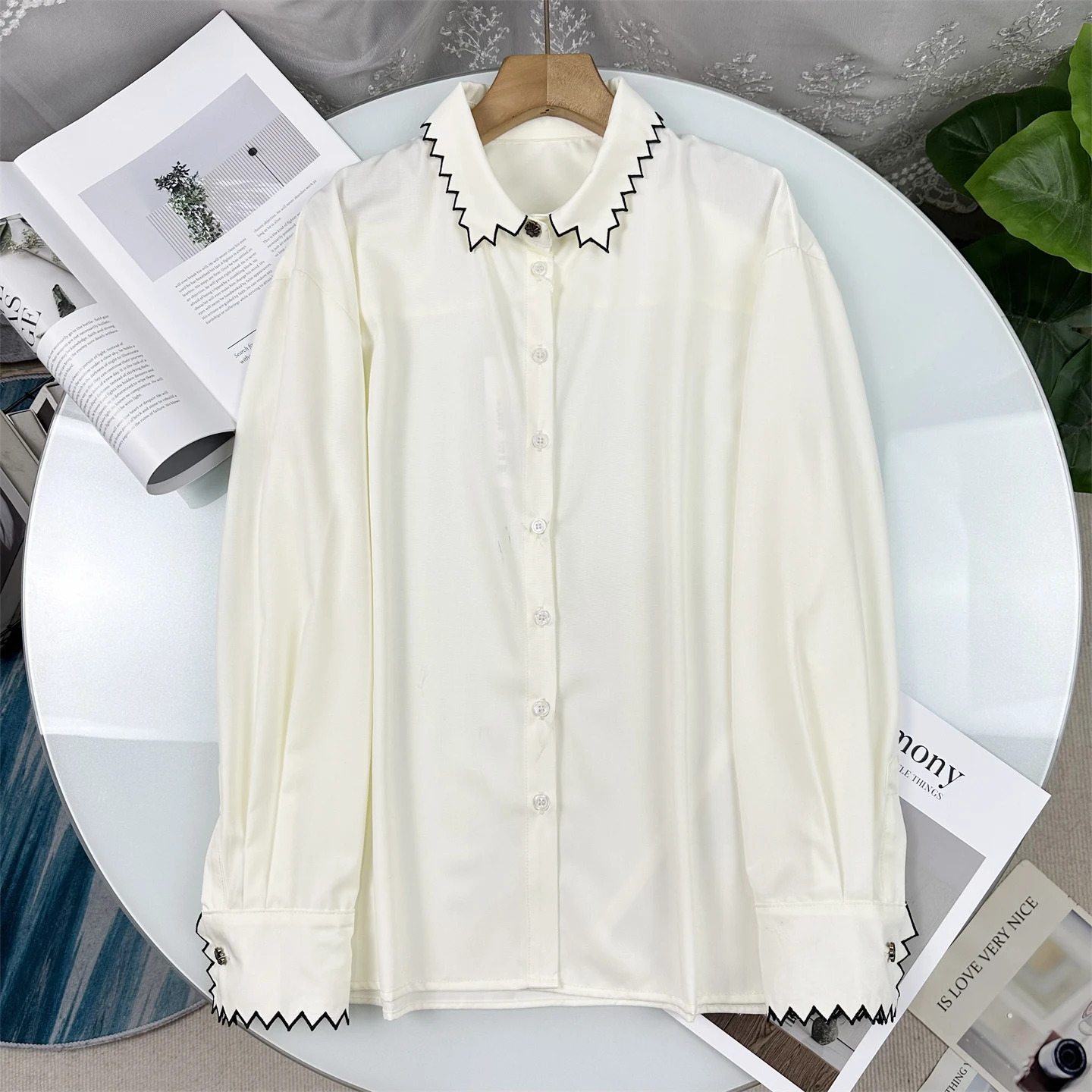 

Elegant Ruffle Collar Loose Fit Shirt Spring Commute Style Ageless Fashion Women's Long Sleeve Casual Top