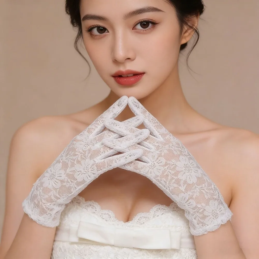 Floral Lace Short Gloves Solid Color High Elasticity Bridal Gloves Breathable Mesh Full Finger Wedding Dress Gloves Outdoor