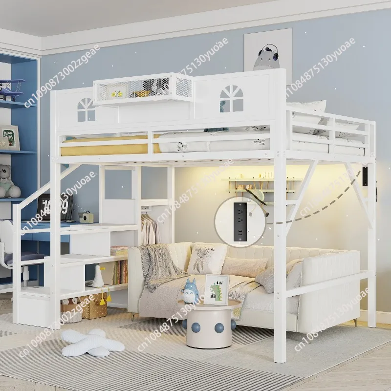 Heavy Queen Size Metal Loft Bed Frame with 5 Storage Sh Loft Bed with Desk and Stairs