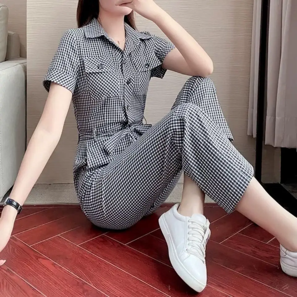 Pakaian Satu Potong Dekorasi Sabuk Tambal Sulam Kotak-kotak Populer Korea Pakaian Kantor Jumpsuit Wanita Elegan