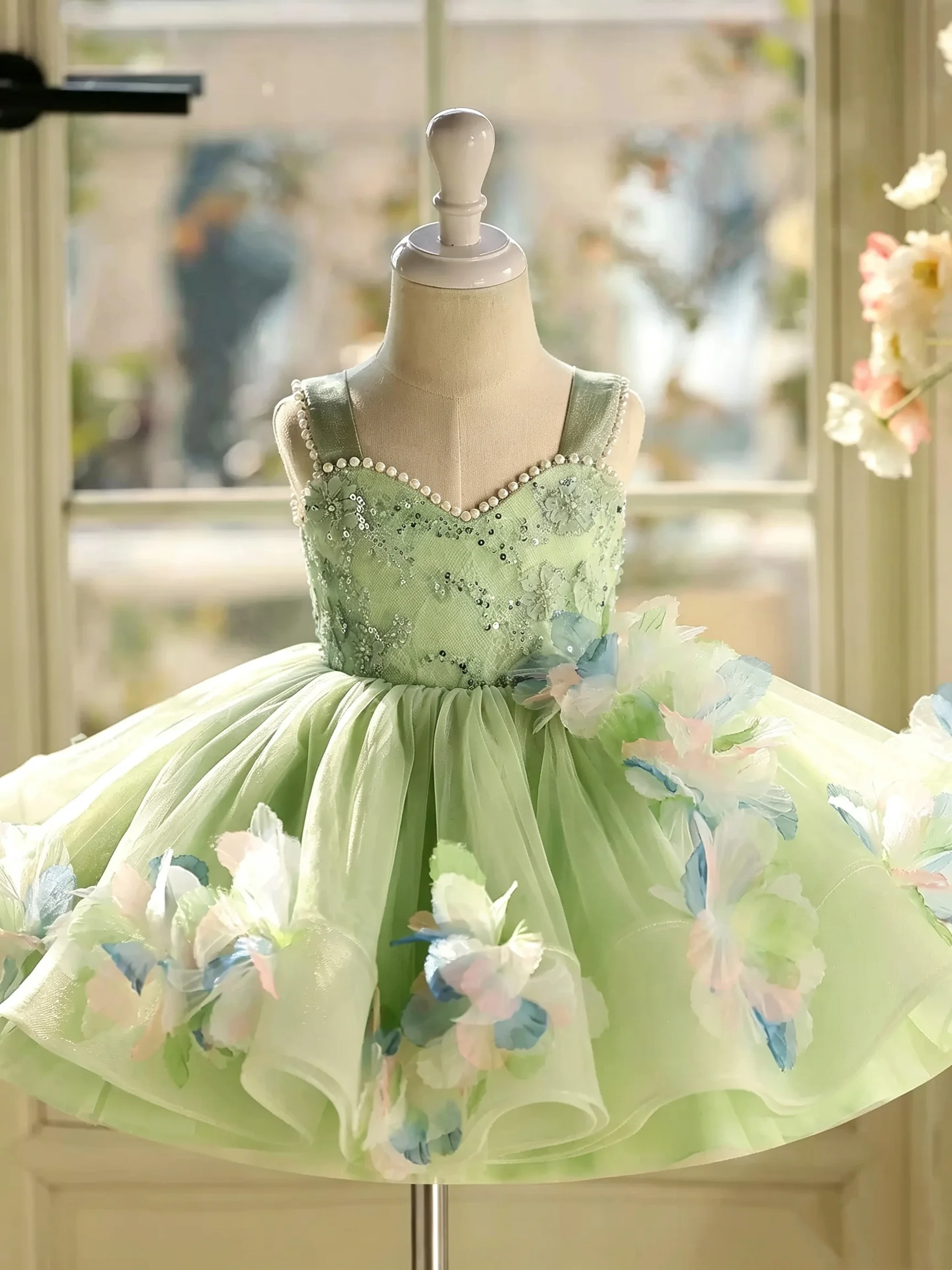 Luxurious Elegant Girl Summer Flower Girl Dress Green Floral Girl Wedding Dress Children's Birthday Piano Performance Princess D