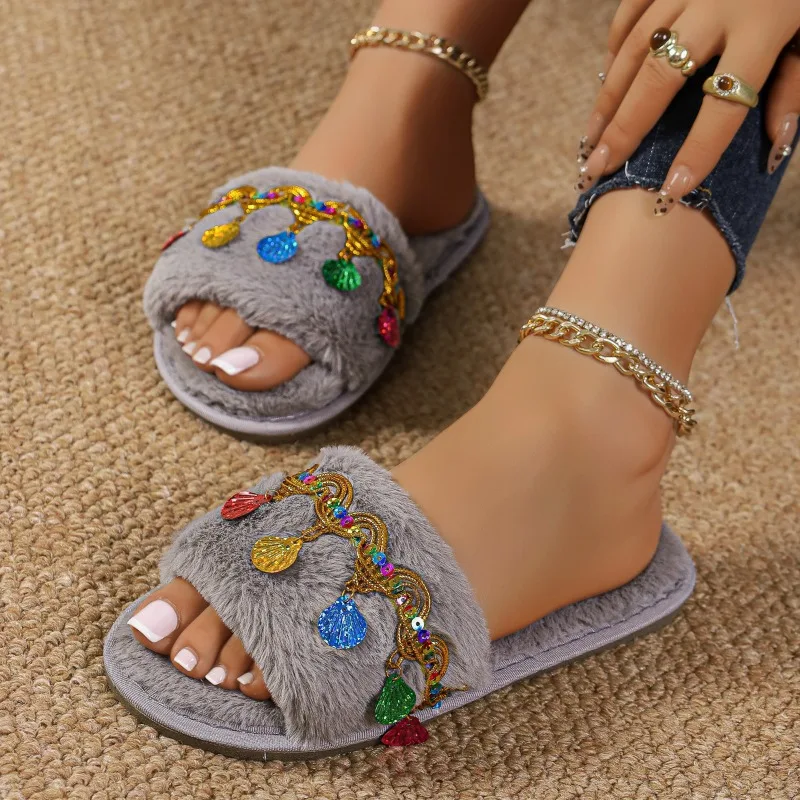 Colorful One-Piece Cotton Slippers for Winter, Warm and Fashionable Fur-lined Slippers for Women