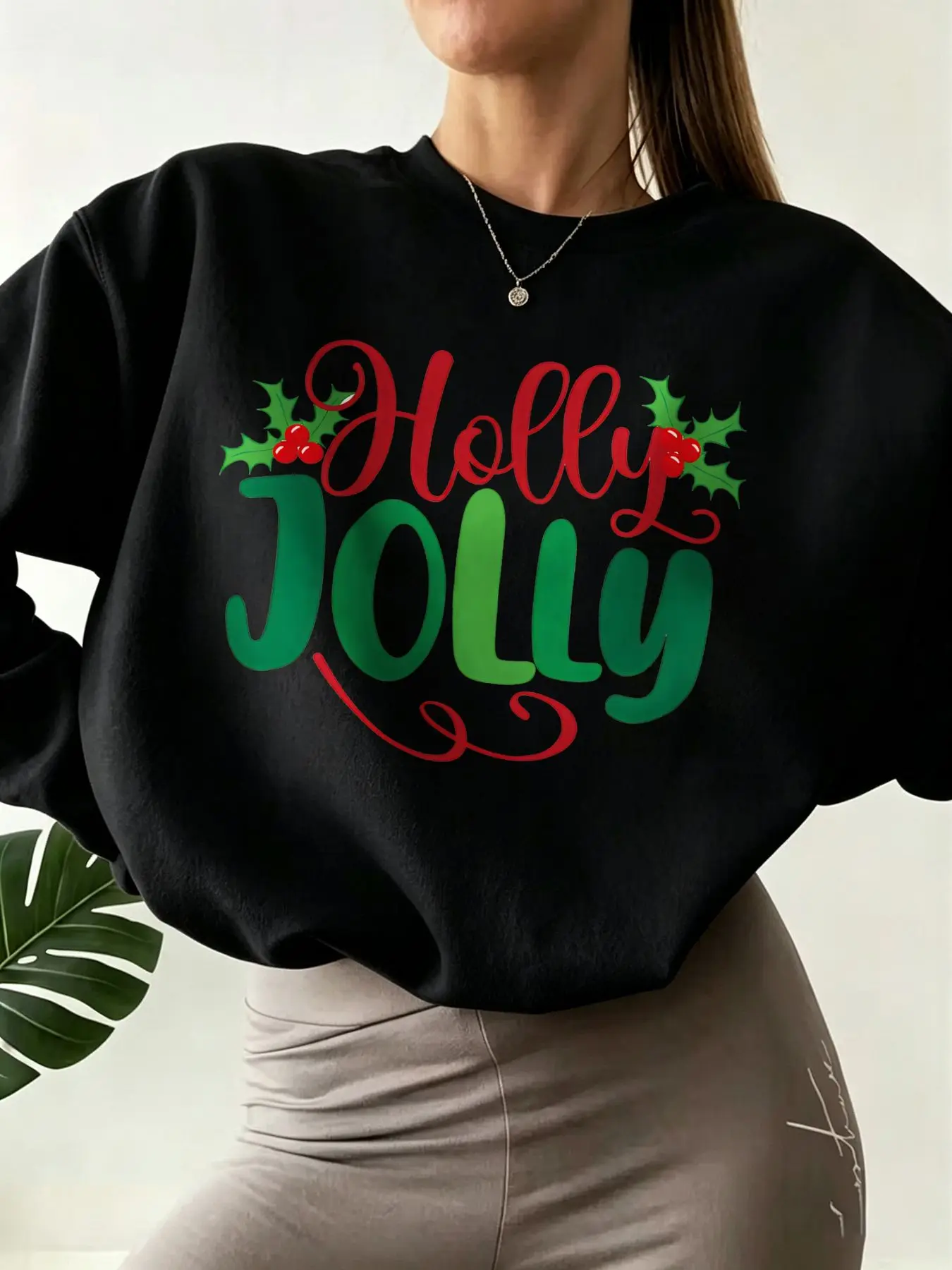 Cozy Christmas Women Crewneck Sweatshirt Holly Jolly Holly Berry Graphic Print Oversized Fleece Long Sleeve Pullover Winter Holiday Street Top