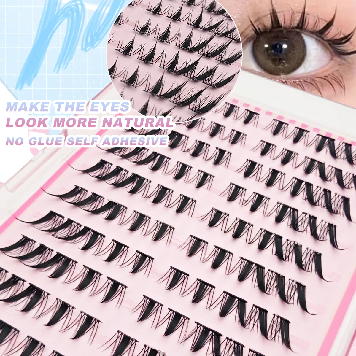 100 pçs estilo gato clusters de cílios sem cola pré colado auto adesivo cílios finos naturais individuais esquerda & direita cílios postiços