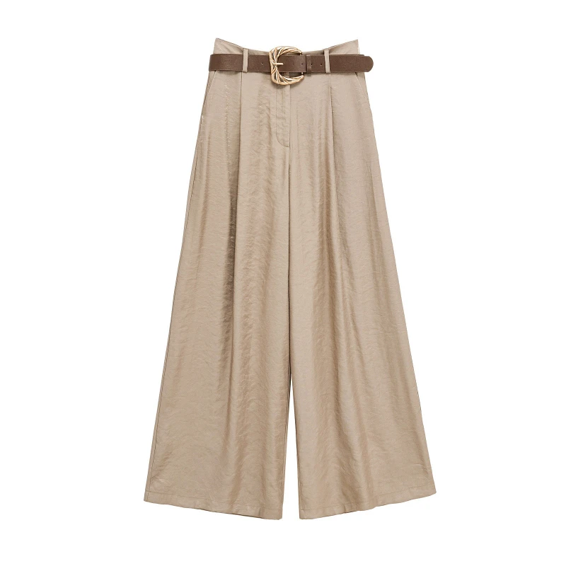 

European American Temperament Style Trousers Are Comfortable Stylish, with A Belt Silk Satin Texture Wide-leg Pants
