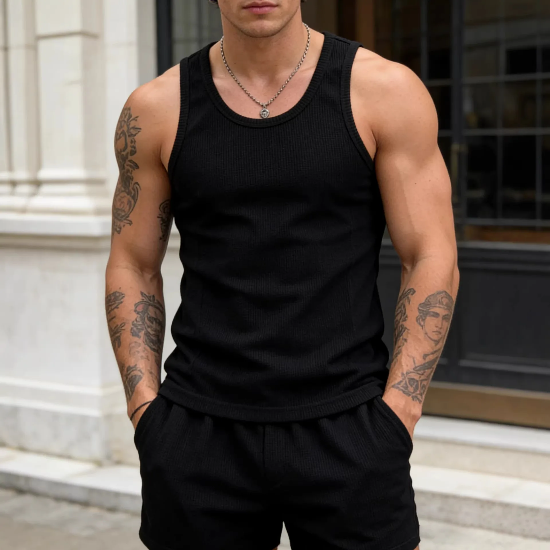 American Retro 230g Tight Fitting Solid Color Waffle Vest for Men