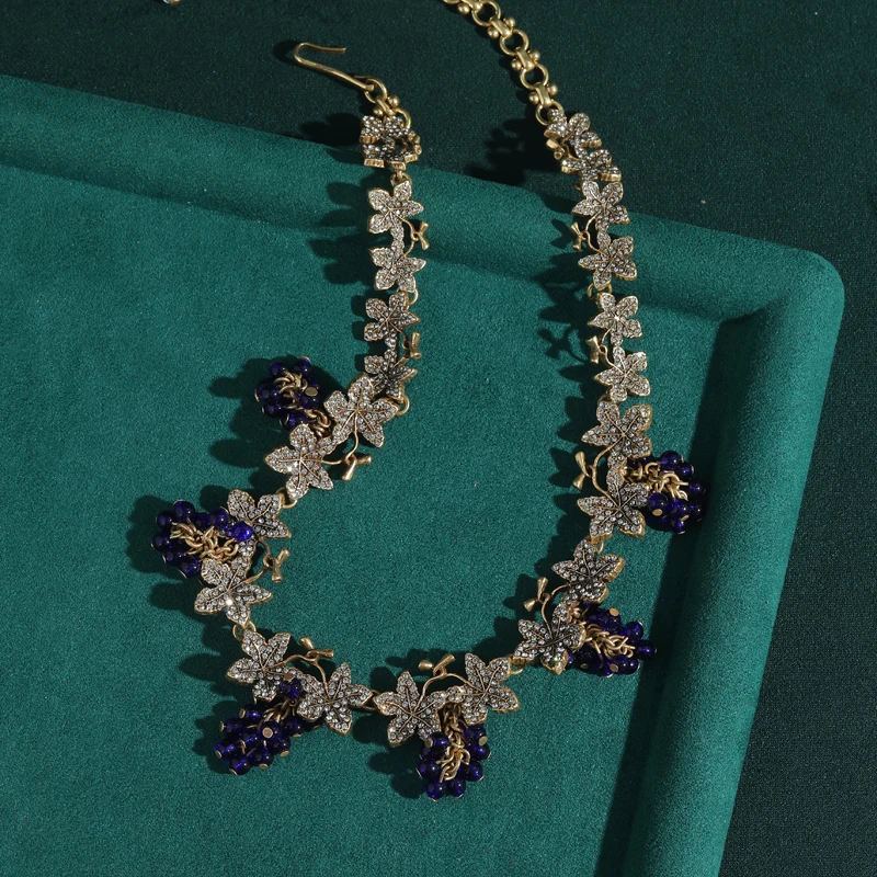 

Vintage Blue Necklace Natural Stone Choker Grape Leaf Antique Gold Color Rhinestone For Woman Luxury High Quality Jewelry 2025