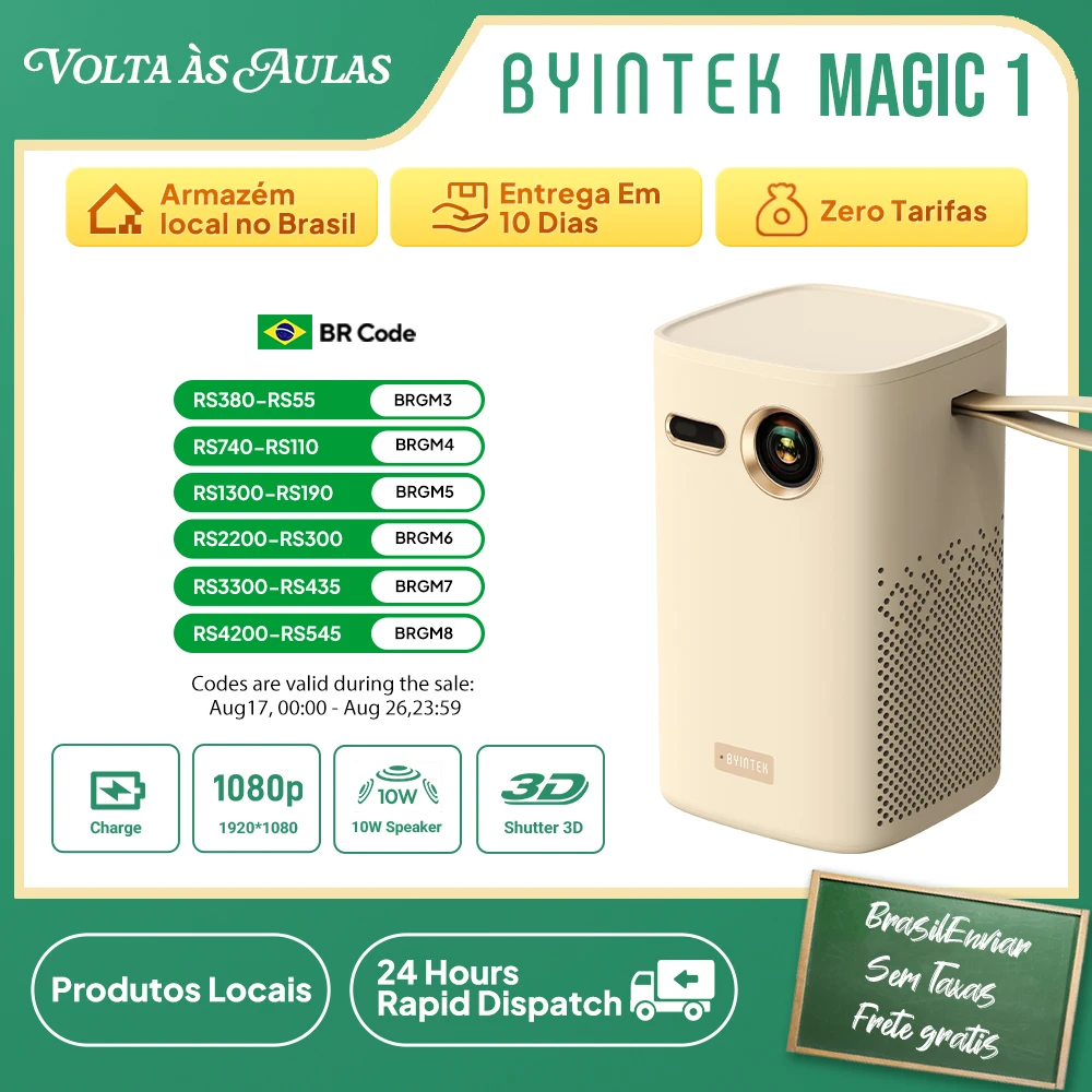 Projetor Mini BYINTEK Magic 1 1080P Android 9.0 2G+32G WiFi Bluetooth Bateria de 15000mAh Projetor Portátil para Home Theater de 300 Polegadas