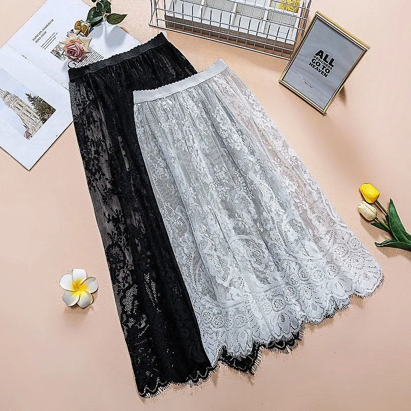 Club Wear Gonna di pizzo bianco nero Donna Sexy Vita alta Tulle Gonna longuette Strato trasparente Abito da spiaggia estivo Gonna Y2k