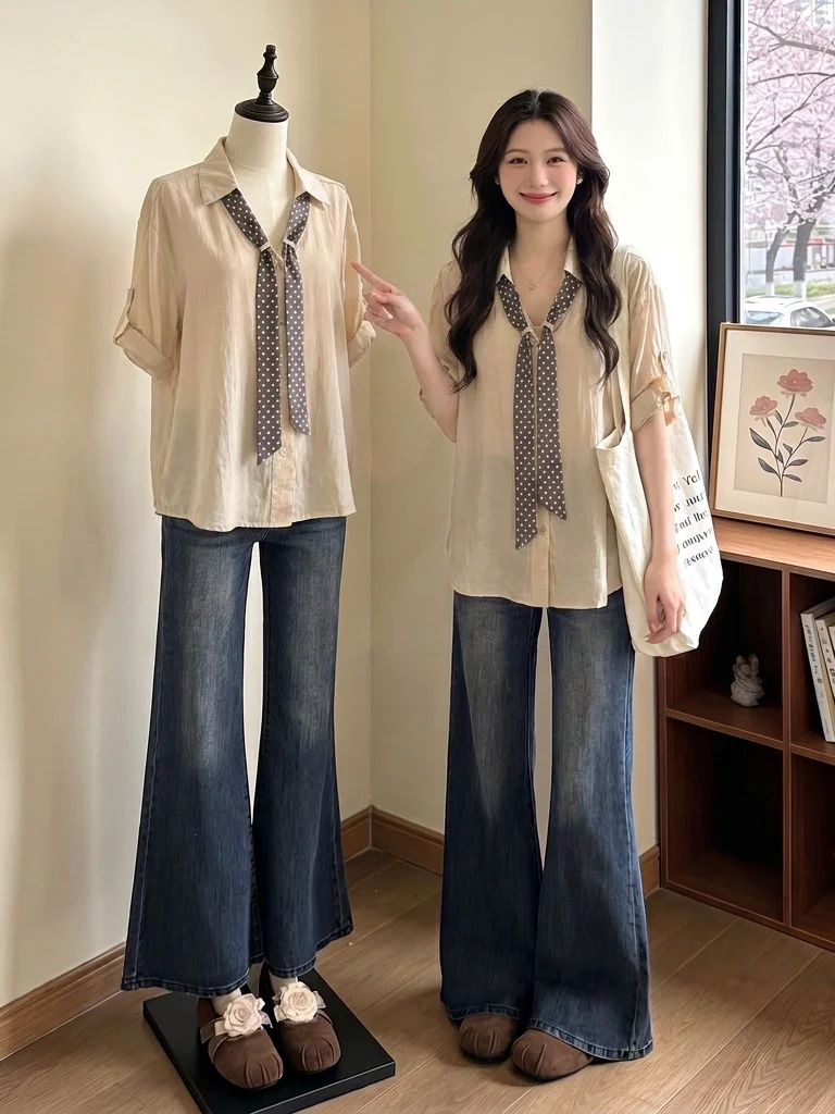 

Slimming Polka Dot Scarf V-Neck Short Sleeve Shirt Women's Summer New Style plus Size Commute Top Thin Material Korean Version