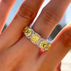 Huitan Gorgeous Yellow Cubic Zirconia Women Rings Silver Color Wedding Party Trendy Luxury Female Accessories Statement Jewelry