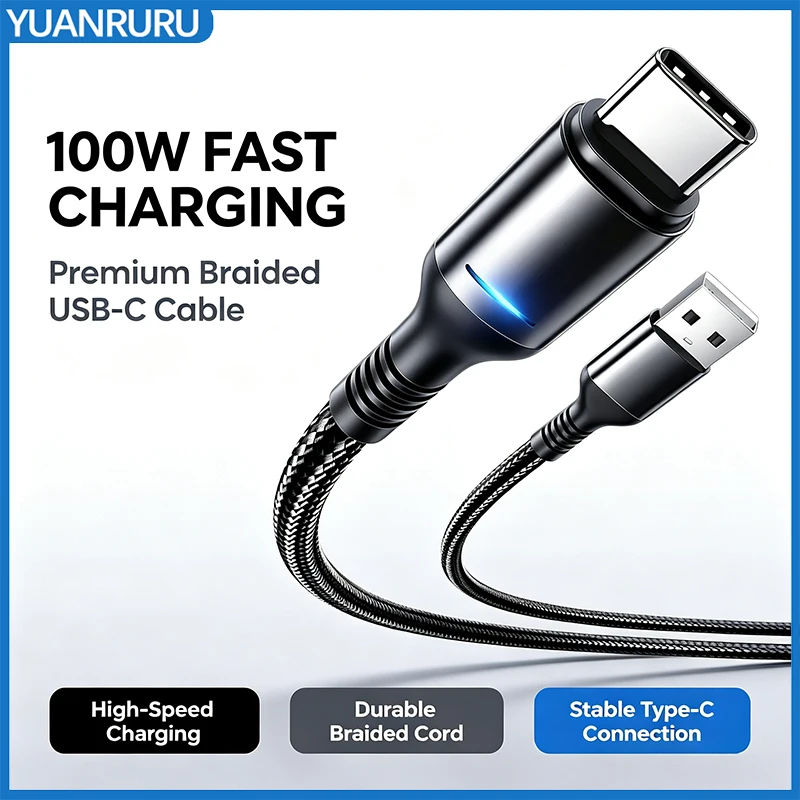 100W 6A Nylon USB Type C Super Fast Charging Cable For Samsung Xiaomi Huawei Honor LED Digital Display USB C Charger Data Cord
