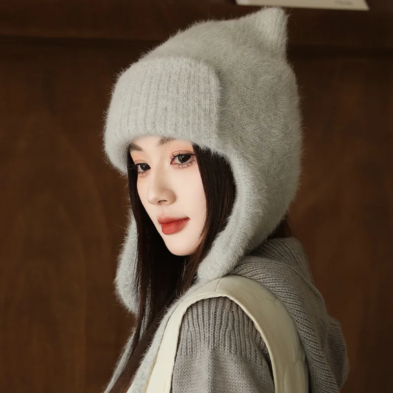 Hat Earflap Women Winter Angora Knit Beanie Ears Design Double Layer Warm Soft Accessory For Autumn Outdoor Sports Cold Weather