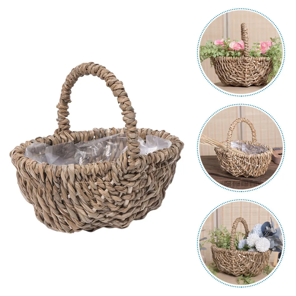 

1pcs Wicker With Handle Handheld Woven Flower For Wedding Party Decor Portable Small Rustic Flower Basket Decorative