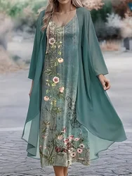 Plus Size Floral Print Dwuczęściowy zestaw z długim rękawem Otwarty przód Top i sukienka na ramiączkach Stroje damskie w dużych rozmiarach