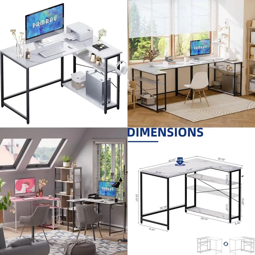 

White Marble 43 L-Shaped Desk with Reversible Shelves for Compact Home Office and Study Space