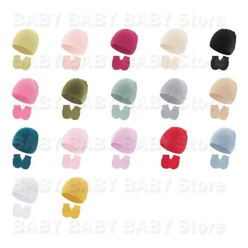 

Q81A Soft Cotton Infant Hat Fetal Caps & Pair of Gloves Set Solid Color Baby Product
