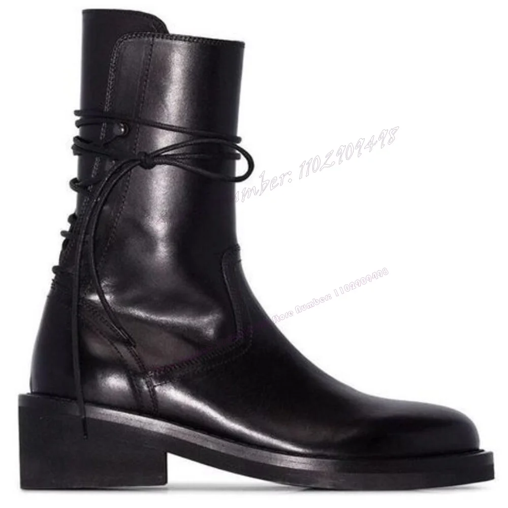 Black Lace Up Men\'s Chelsea Boots Matte Leather Chunky Heels Winter Shoes for Men British Style Runway Handmade Big Size Shoes