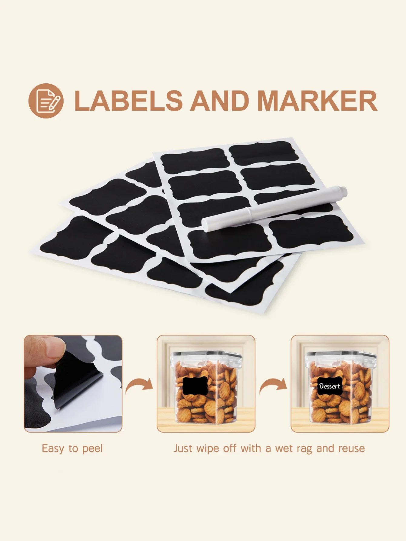 6개의 보관 및 정리함, 라벨이 부착된 밀폐 식품 보관 용기 및 조미료 용기 - 곡물, 밀가루, 소금 보관