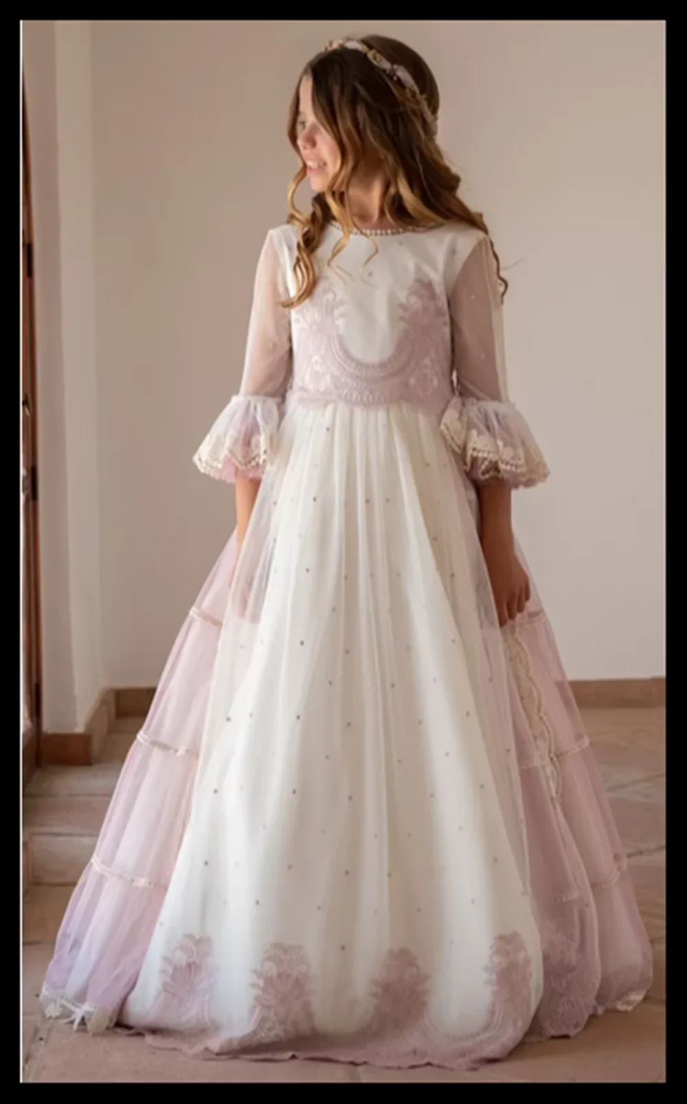 Elegant Idyllic First Communion Gowns Chiffon Skirt Lace Appliques Flower Girl Dress for Kids Wedding Birthday Party Dresses