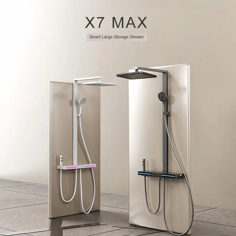 Pressurized Thermostatic Shower Set – Digital Display, Gray Wall-Mounted Concealed with Oversized Storage Shelf & Ambient Light