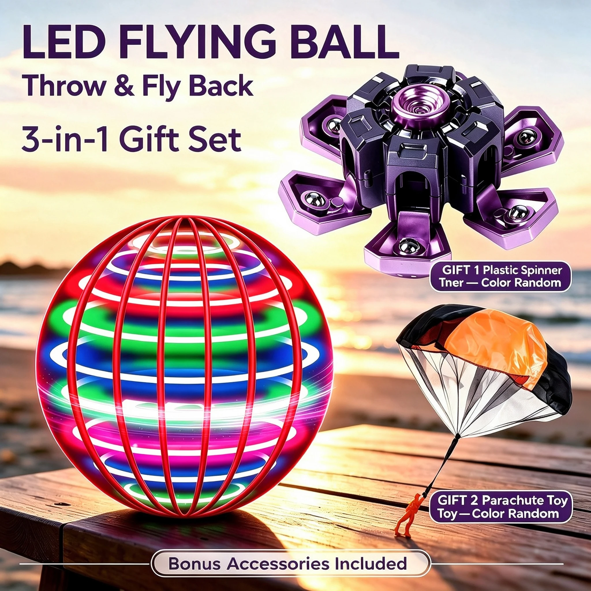 3-in-1 Magic Flying Ball Automatic 360 Spinning LED Dazzling Lights Floating UFO Fan Game Sports Outdoor Toy Gift Adult Teen Fun
