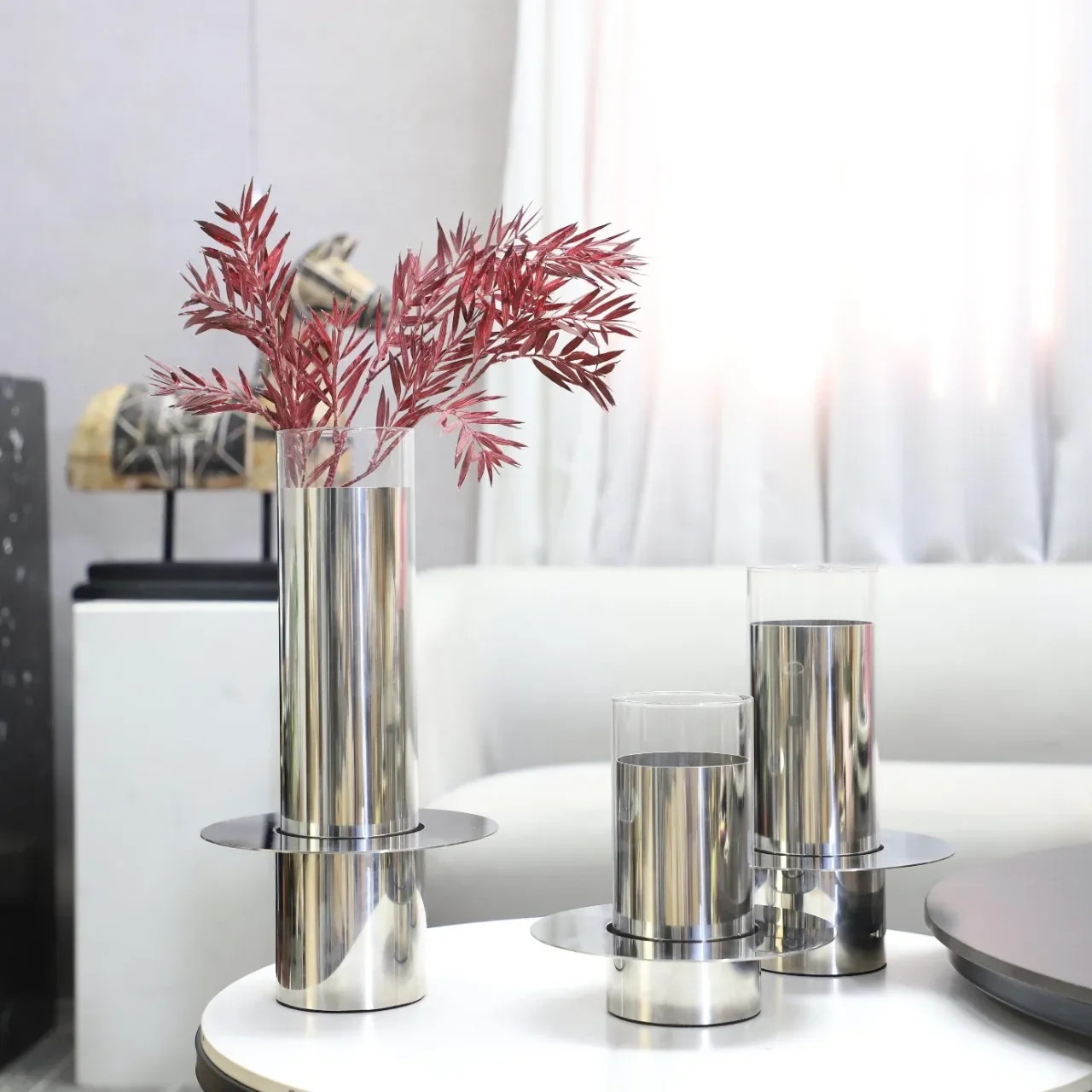 Metal Handicraft Flower Vase Geometry Stainless Steel Glass Laminated Saucer Shape Artistic Floral Arrangement Home Decoration