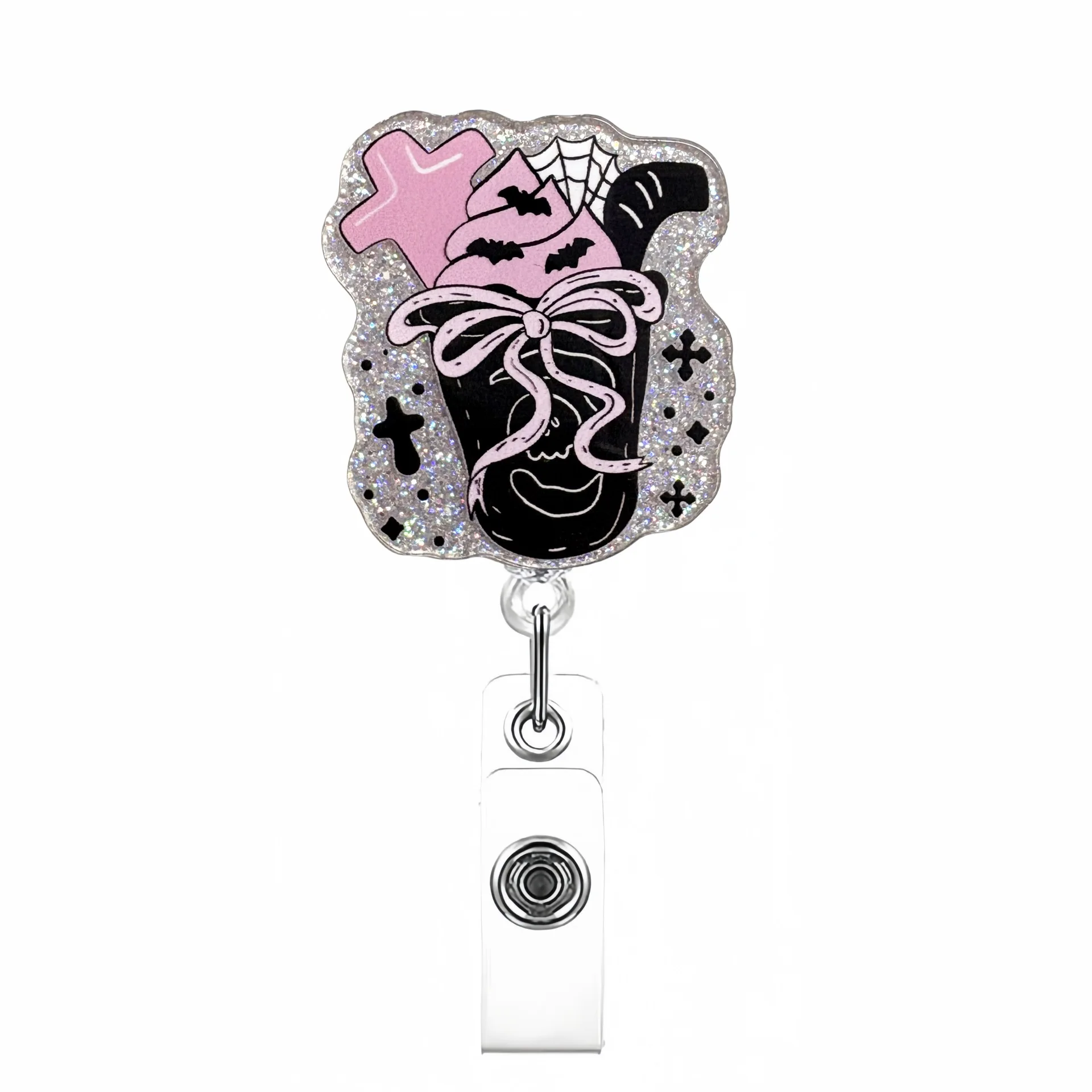 Glitter Acrylic Pink Halloween Themed Keychain Retractable Badge Reel Id Badge Holder Halloween Gift For Nurse Keyring