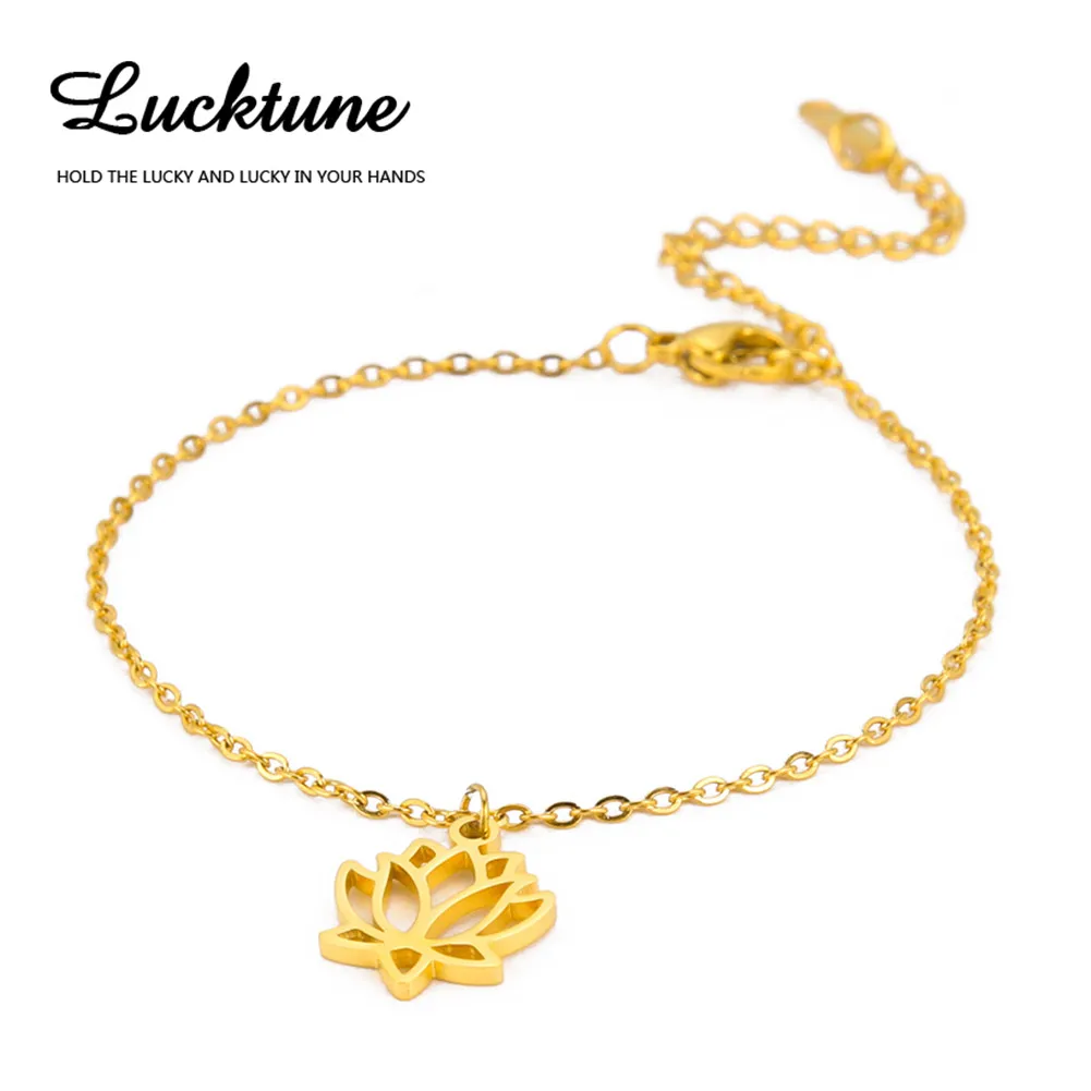 Lucktune Lotus Flower Charms Bracelets Stainless Steel Buddhism Gold Color Chain Bracelet for Women Fashion Boho Jewelry Gift