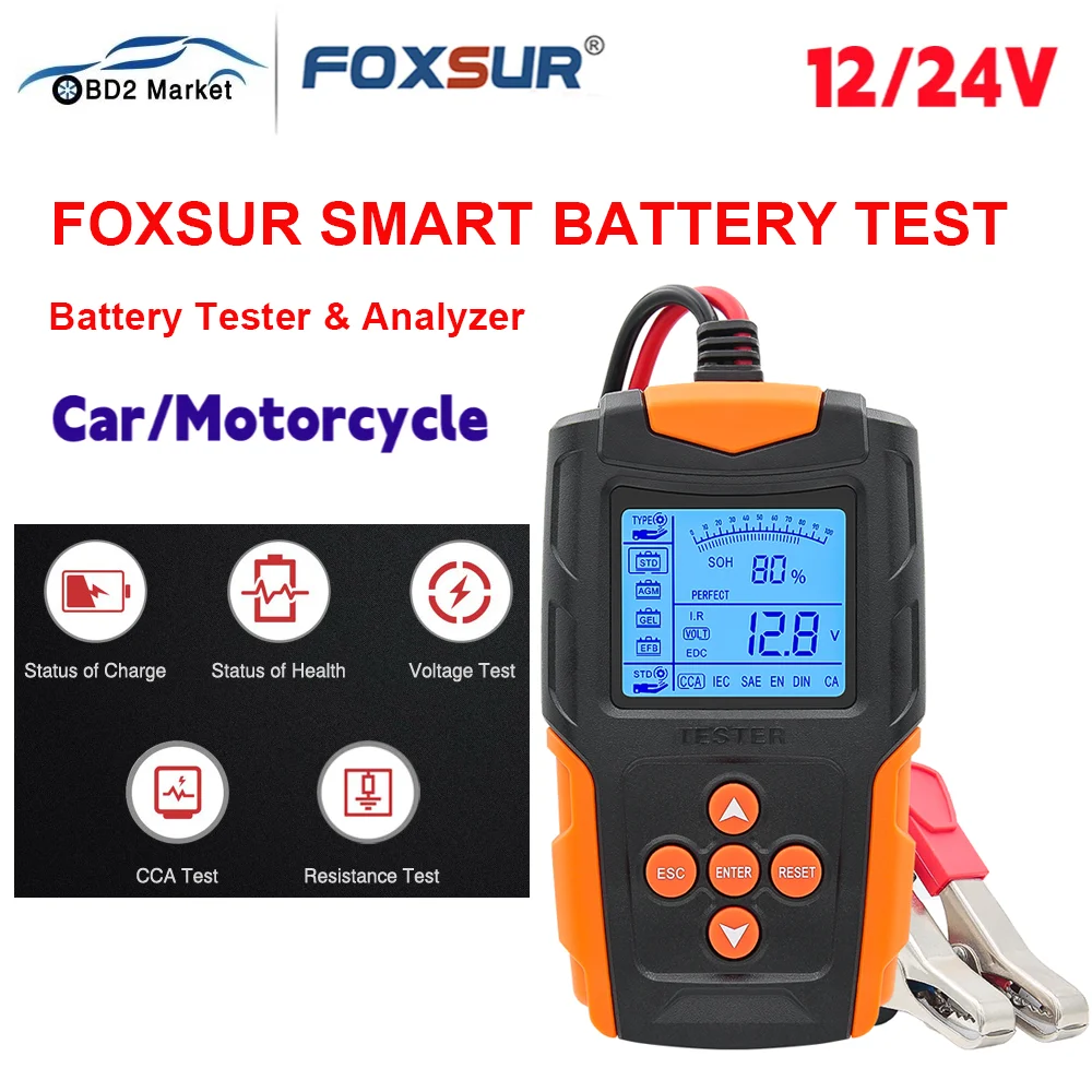 FOXSUR FBT200 Car Battery Tester 12V 24V For Wet/GEL/SLA/Flooded/EFB/Lead-Acid/AGM Battery Analyzer Test Tool Digital Analyzer