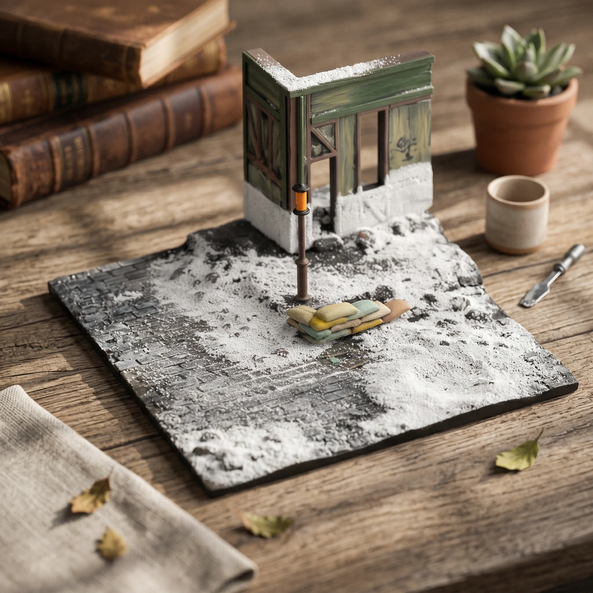 Diorama Base Winter Theme Battlefield Diorama Miniature Scene with Ruined Building Pre-Painted Scenic Platform Compact