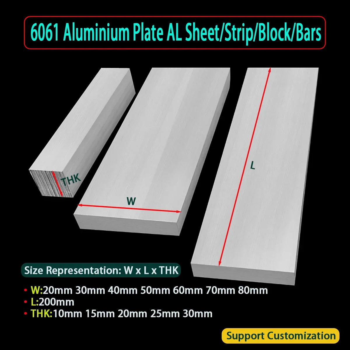 

6061 Aluminium AL Plate Sheet Strip Block DIY Decoration Material Model Parts Car Frame Metal Thick 10 15 20 25 30mm L200mm