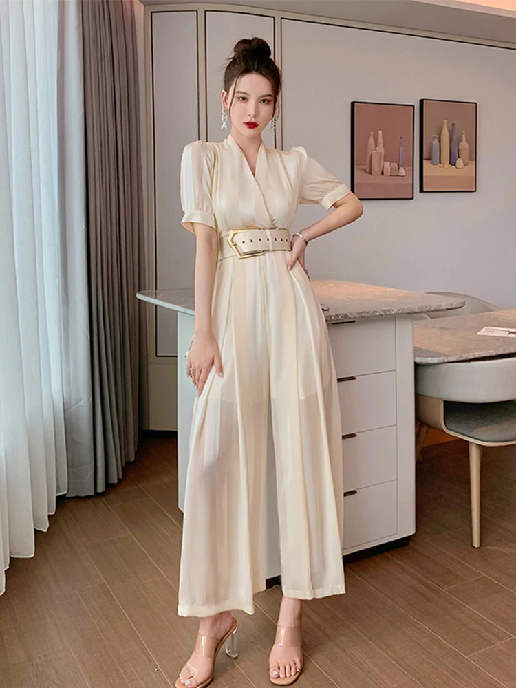 Summer Women Jumpsuit Elegant Noble Professional Fashion Striped V-neck Adjustable Waist Long Wide Leg Rompers Office OL Street