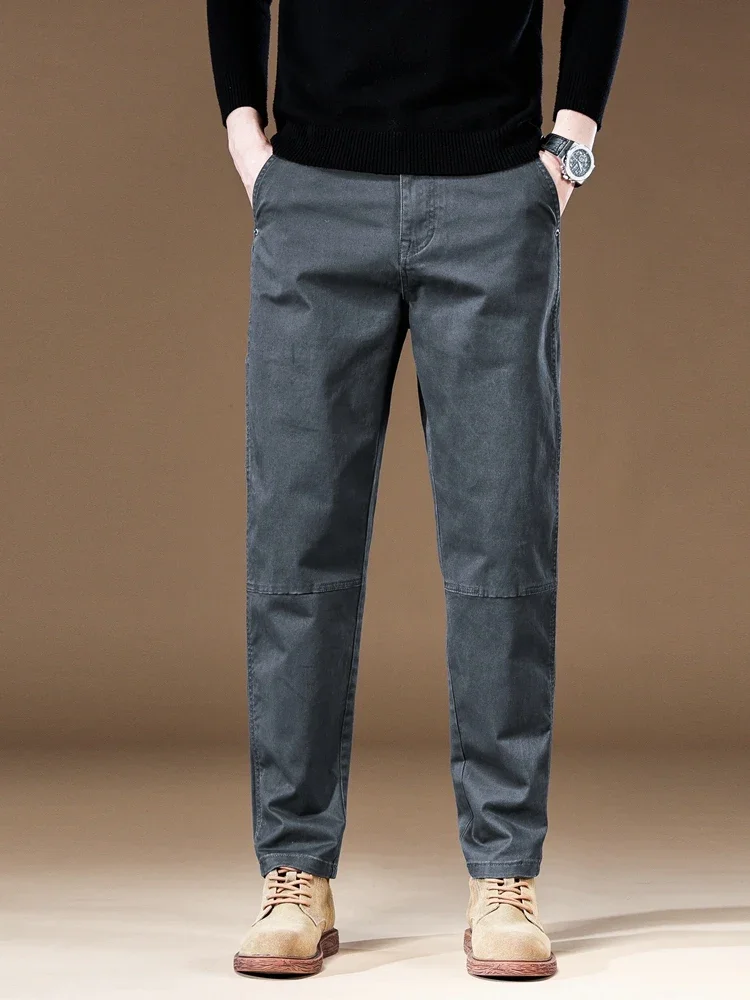 Autumn New 97% Cotton Men\'s Cargo Pants Vintage Straight Splicing Work Jogger Trousers Baggy Casual Brand Male Pants Khaki Grey