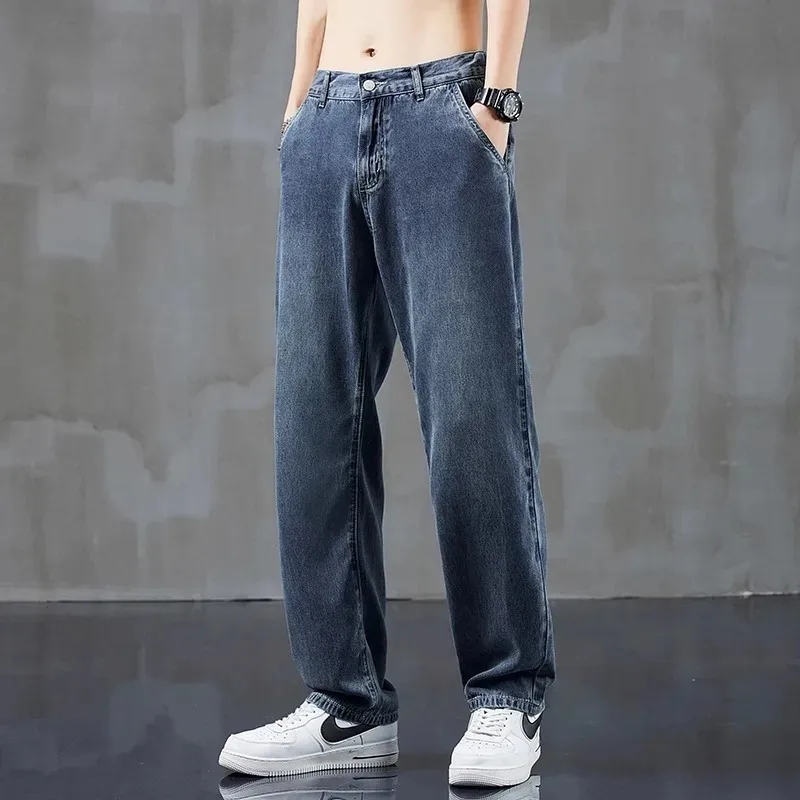 جينز رفيع للرجال لمحبي الهواء الطلق يؤرخ ارتداء سحاب مفتوح المنشعب مستقيم واسع الساق السراويل الصيف