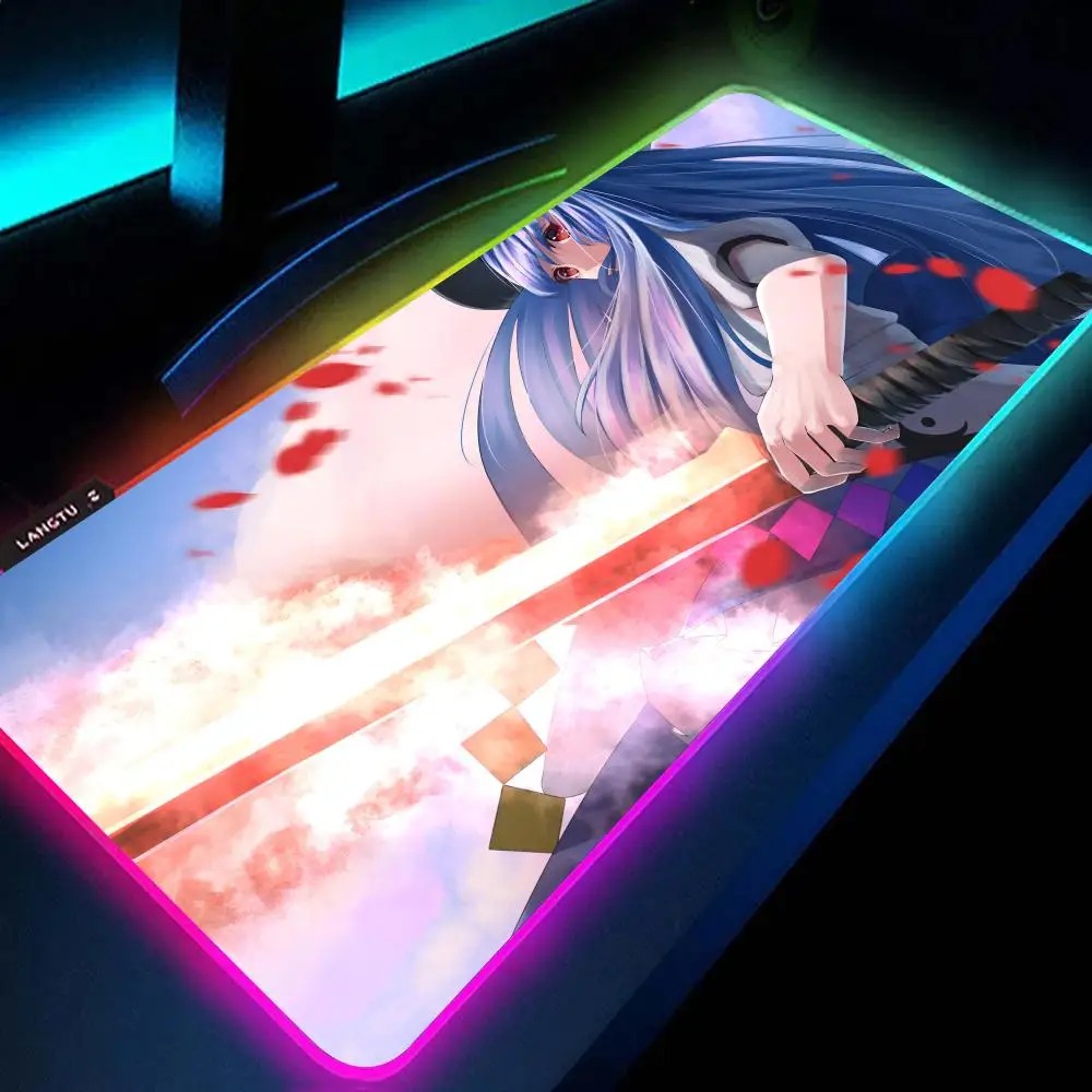 Anime T-Tenshi Girls Mouse Pad RGB Large Gaming Mouse Pad Non-slip Rubber Base Keyboard Pad Extra Large Luminous LED Mouse Pad