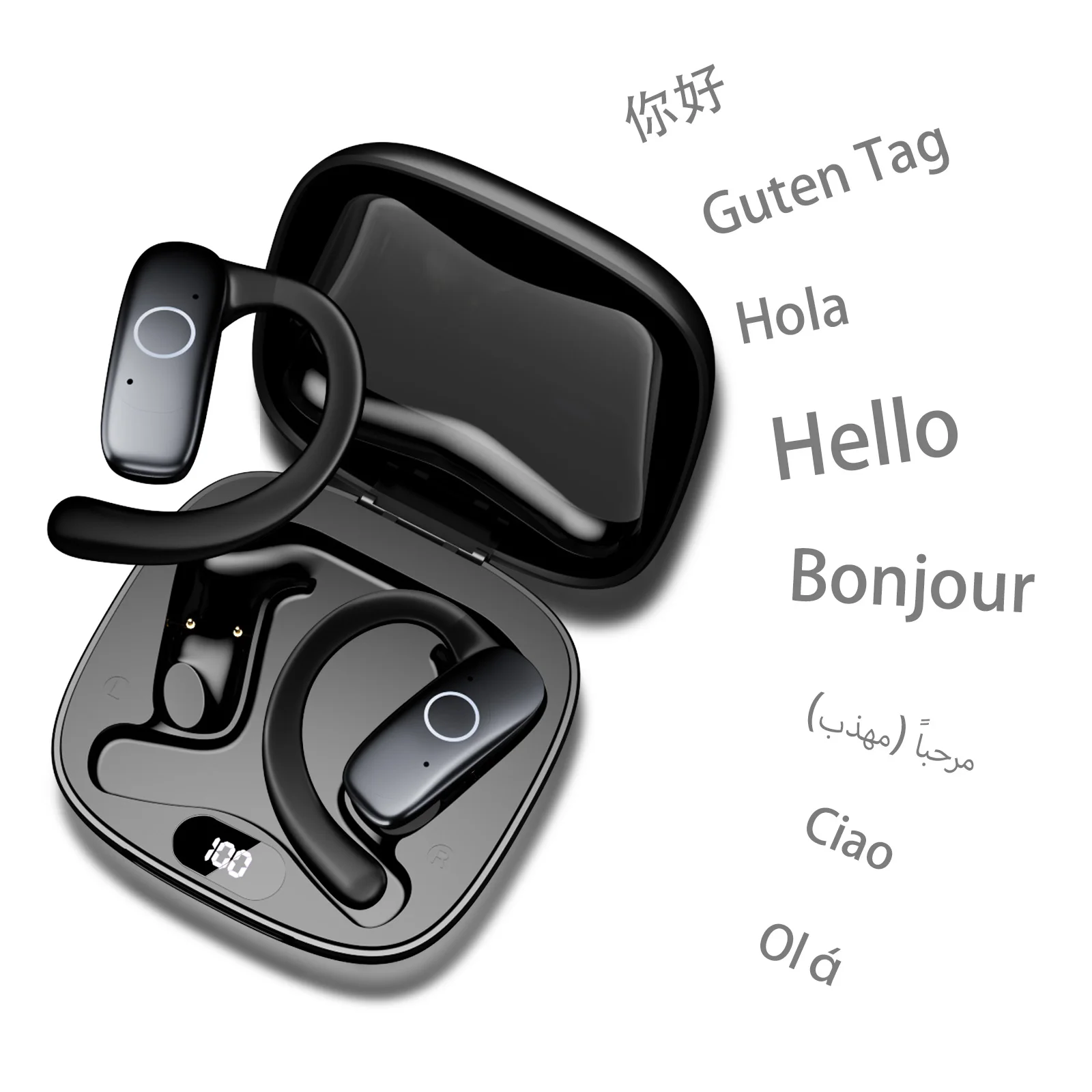 Realtime vertalerhoofdtelefoon AI-taalvertaling Oordopjes 144 talen en accenten 3-in-1 OWS-oordopjes voor bedrijven