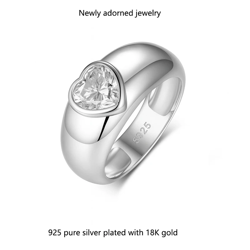 

S925 silver heart-shaped moissanite women's ring, trendy thick band ring, fashionable European and American style jewelry